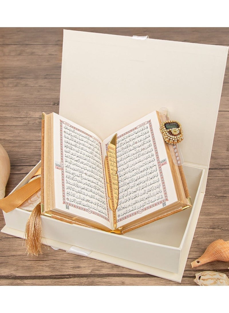 OLUDENIZ Gift Set in White with Velvet Arabic Quran Electronic Tasbih Beaded Rosary Prayer Mat and Golden Bookmark - Image 5